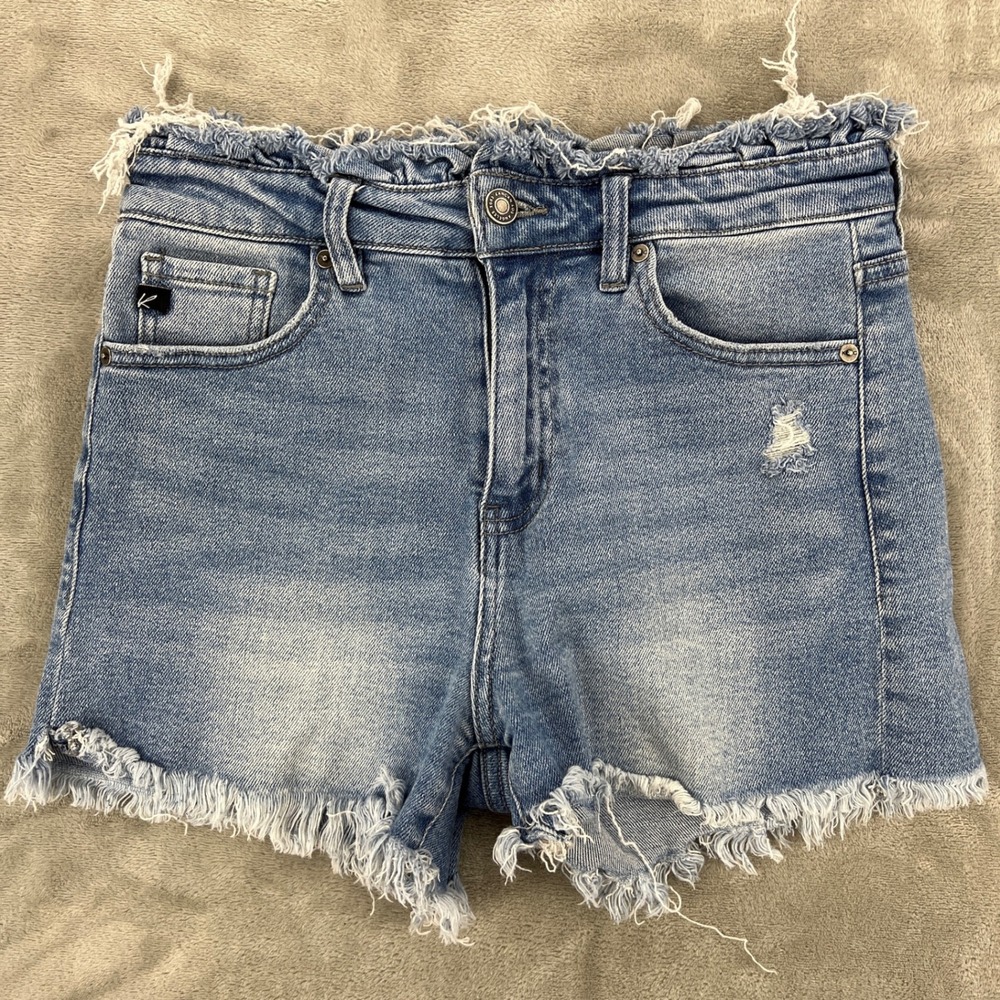 KanCan High Rise Paperbag Waist Denim Shorts Frayed Medium Wash Size 7